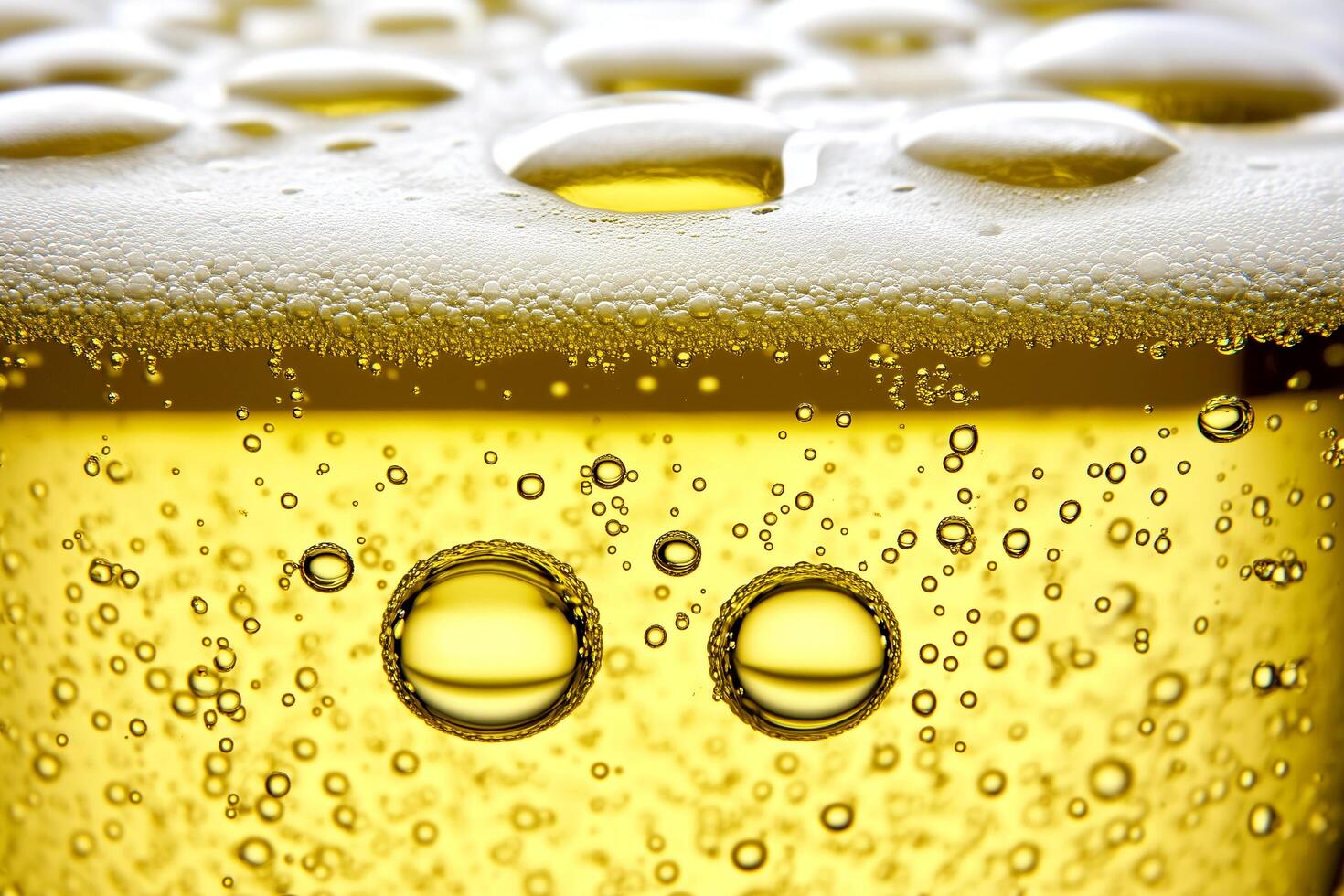 Close-Up View of Beer with Bubbles and Frothy Foam in a Glass Against a Soft Background photo