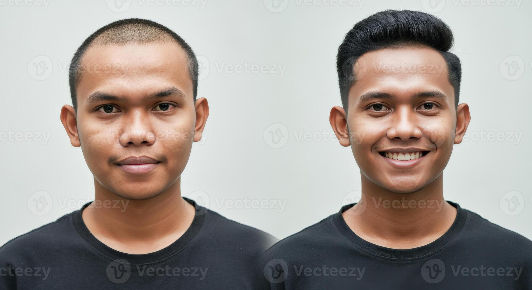 Portrait of two young southeast asian men smiling against a neutral background for cultural diversity photo