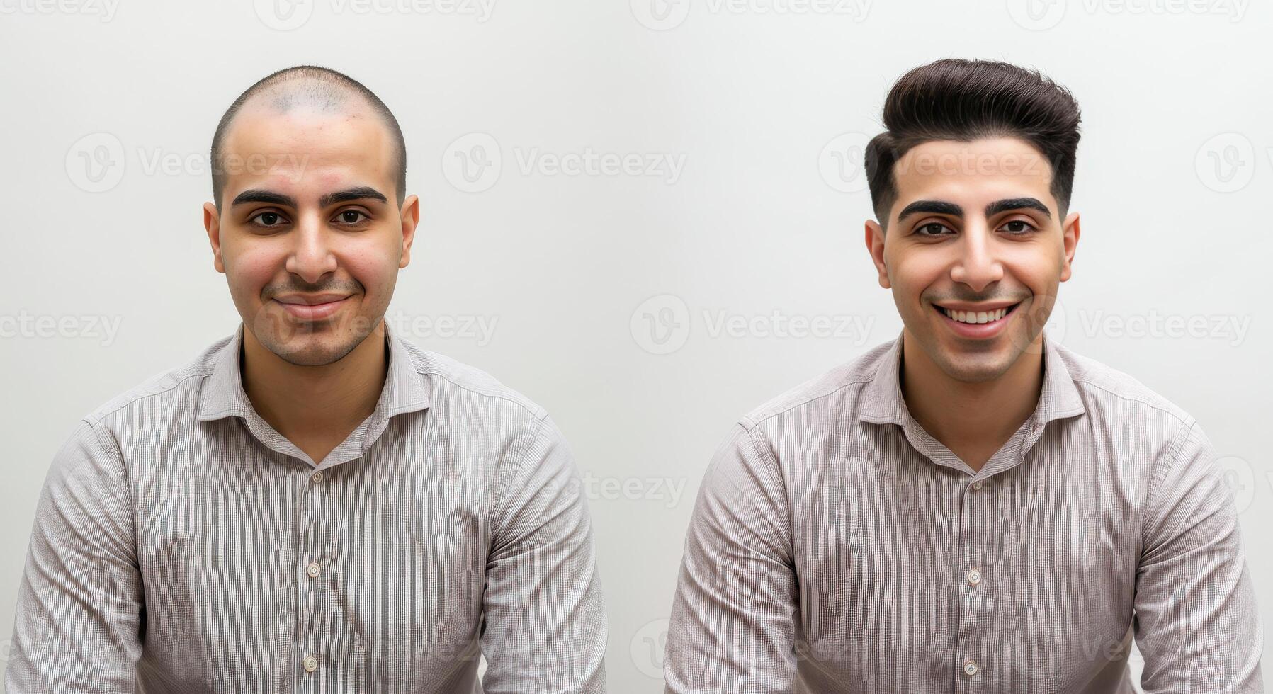 Portrait of hispanic young adult male before and after hair transplant procedure photo