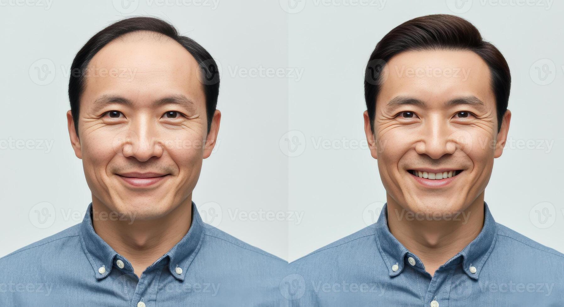Asian adult male in blue shirt displaying positive expressions for professional headshots or profile photo