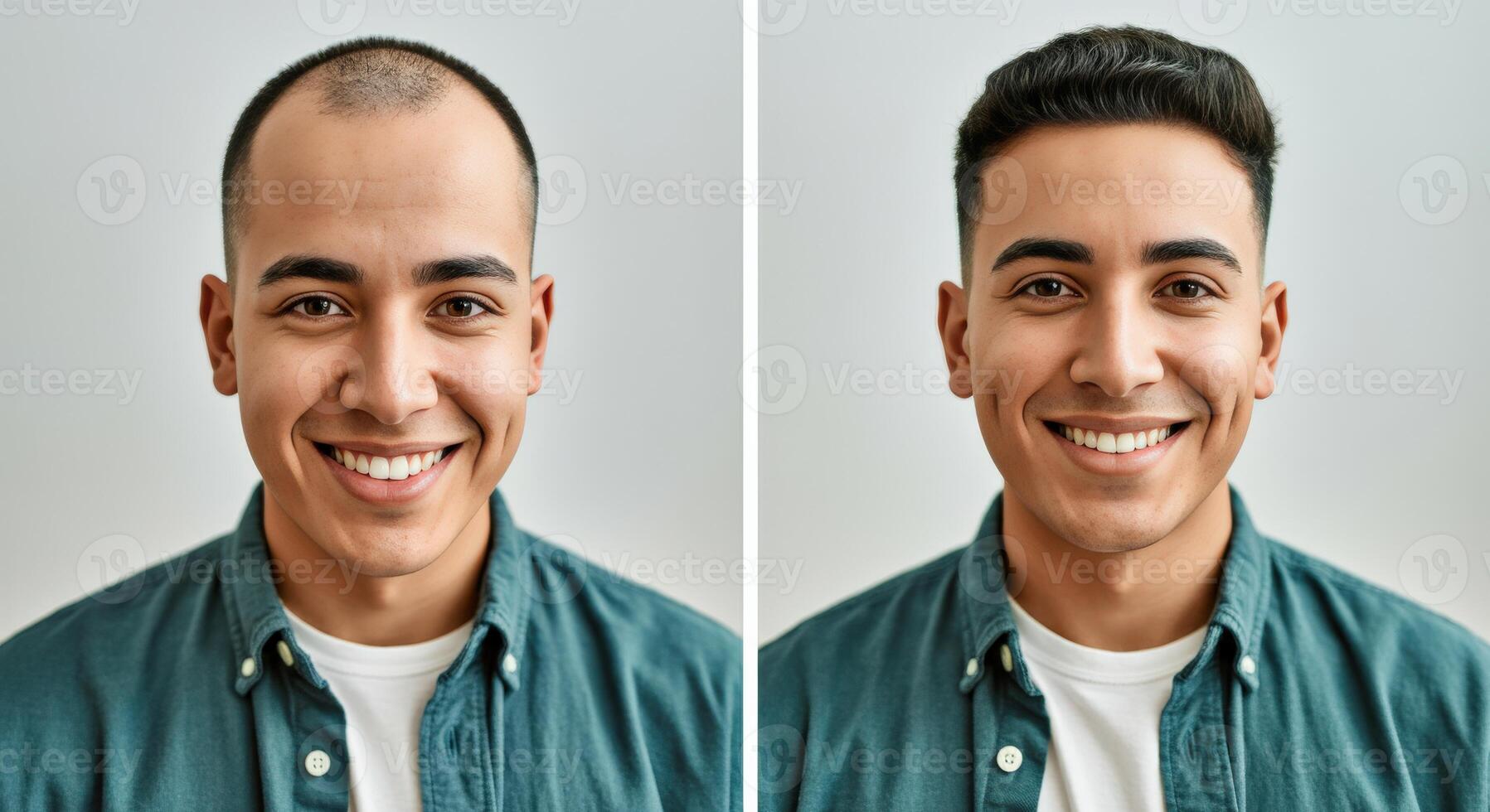 Diversity and hairstyles. hispanic male adults with balding and full hair in casual teal shirts photo