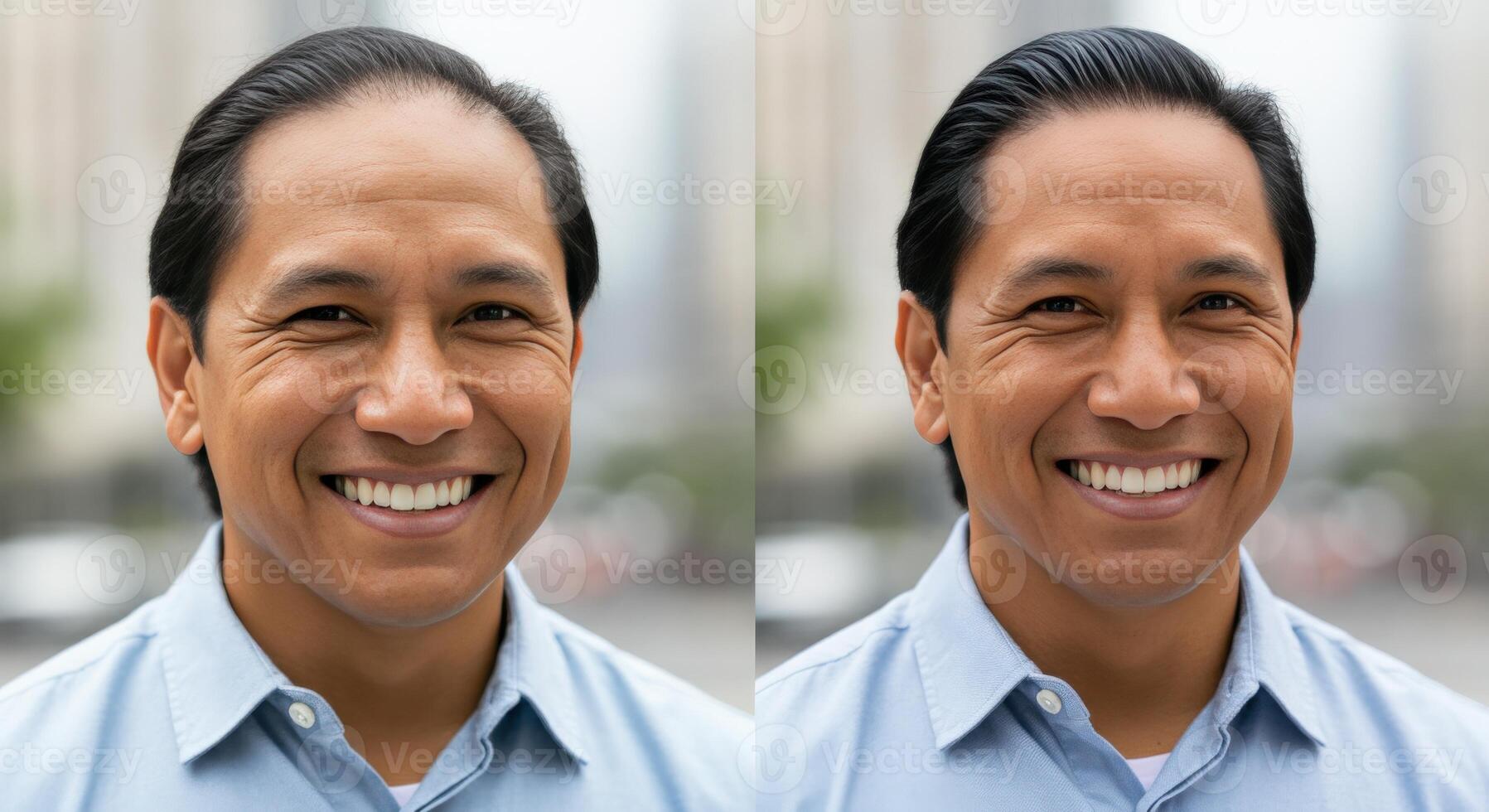 Smiling mature asian male in blue shirt outdoor portrait urban background photo