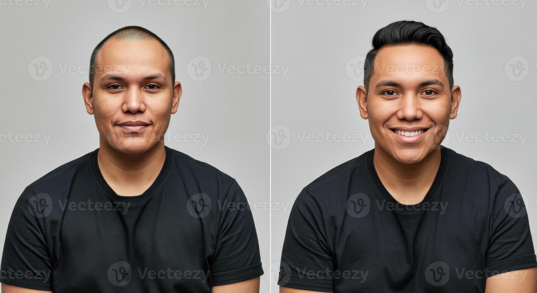 Comparative portrait of two hispanic young adult males in black t-shirts for identity and expression studies photo