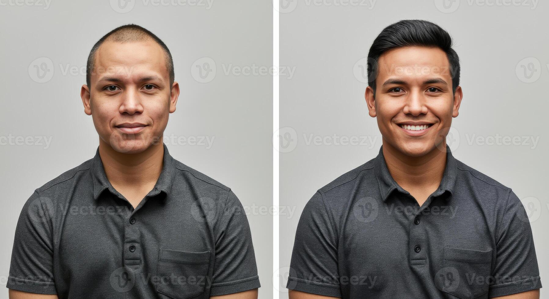 Transformation journey of asian male from bald to full hair in before and after portraits photo