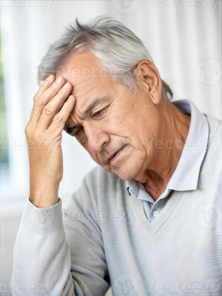Elderly man having bad headache, holding his head, sitting in living room, people background, felling unwell photo