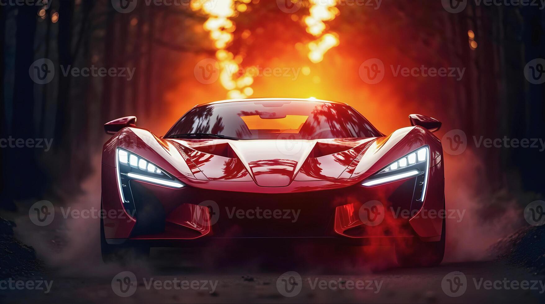 Fast modern red sport car driving fast on scenic road in forest at sunset , automotive background, tuning template, auto transport photo