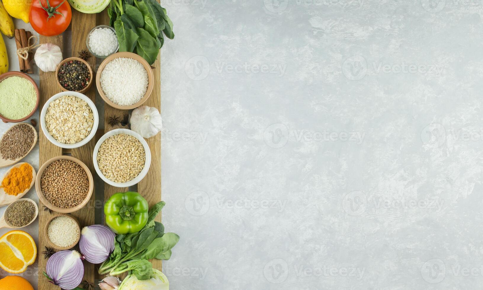 Cereals and vegetables on a wooden stand. Healthy eating Great food. Vegetarian food. Food background. Light background. Banner. Copy space. photo