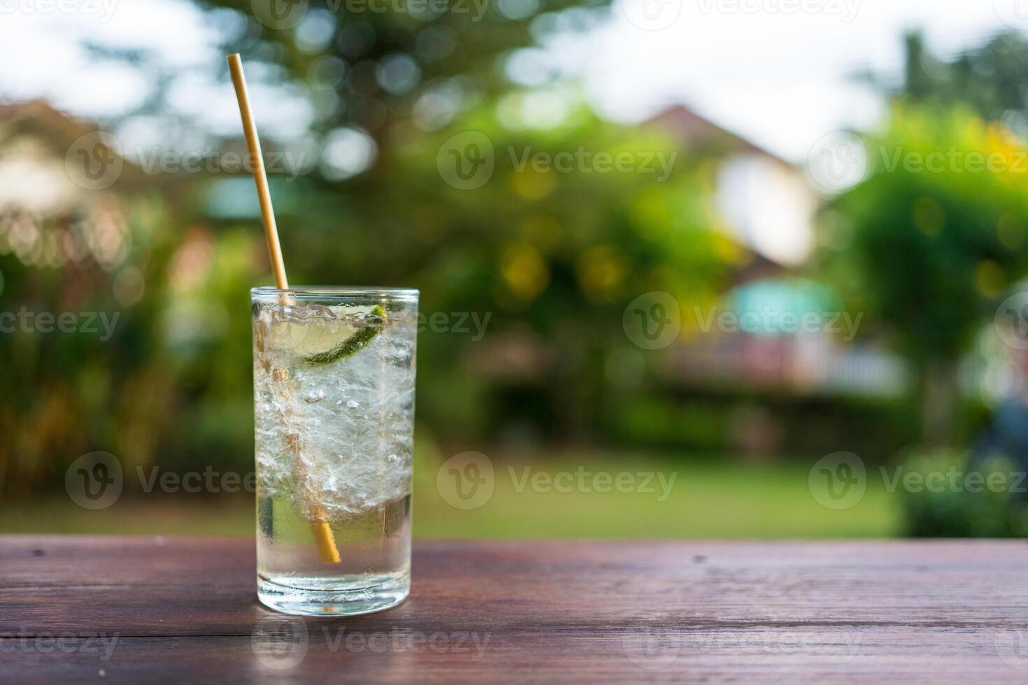 Glass of drinking water with ice cube and cut of lemon. photo