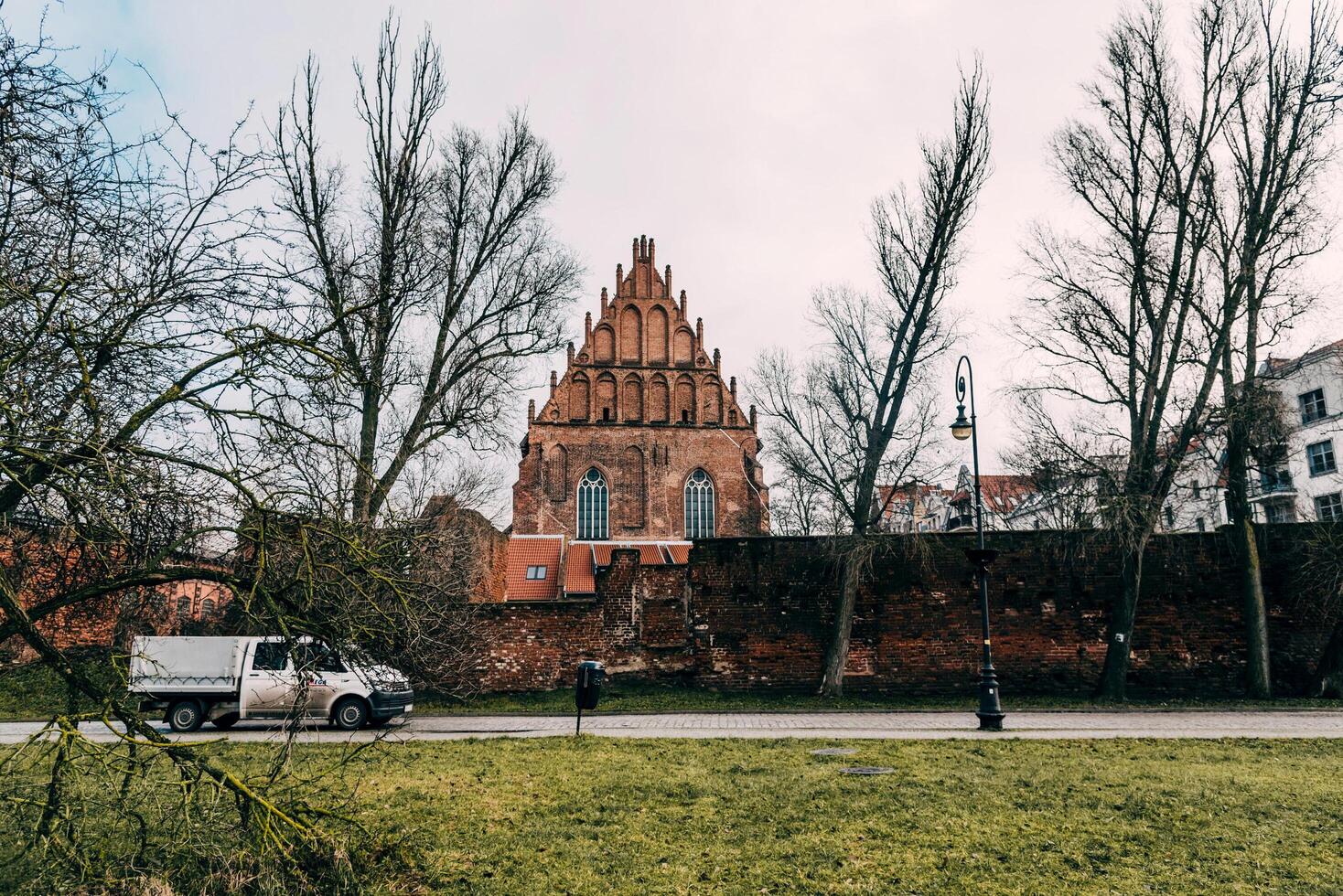 Elblag, Poland, 4 February 2020, City street nice cloudy rainy day, little town day photo