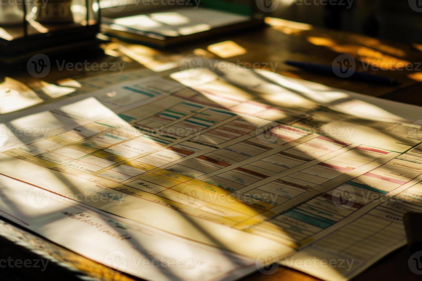 Sunlight shining on a vintage train schedule lying on a wooden desk photo