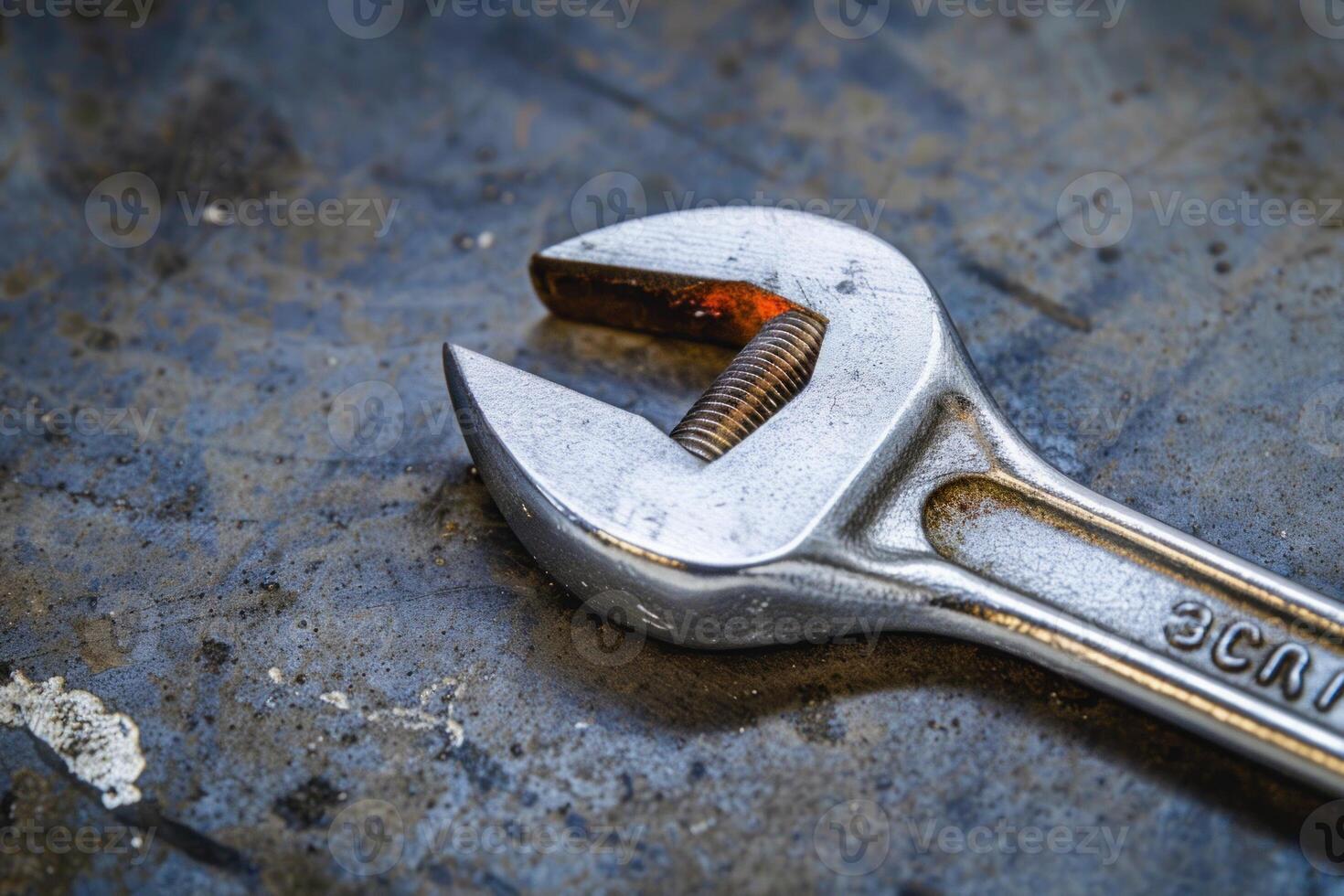 Adjustable wrench sitting on metal surface in workshop photo