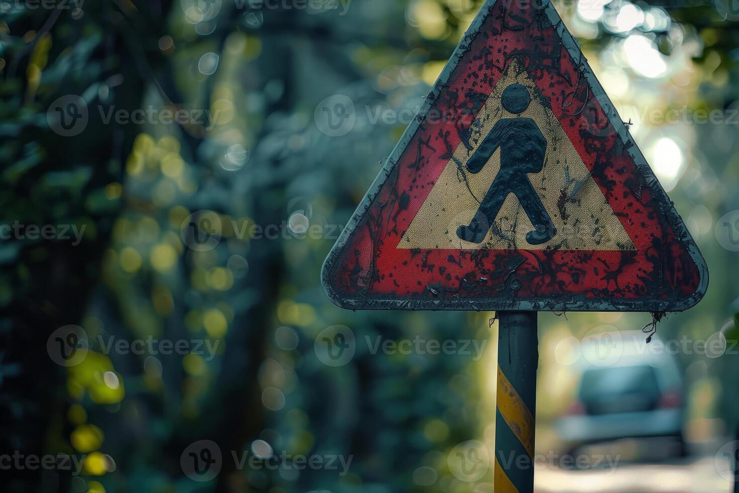 Pedestrian crossing sign getting old and rusty in the woods photo