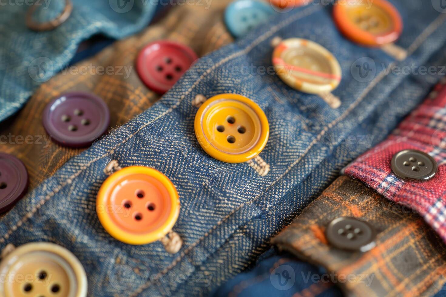 Colorful buttons sewn on denim fabric creating a decorative garment photo