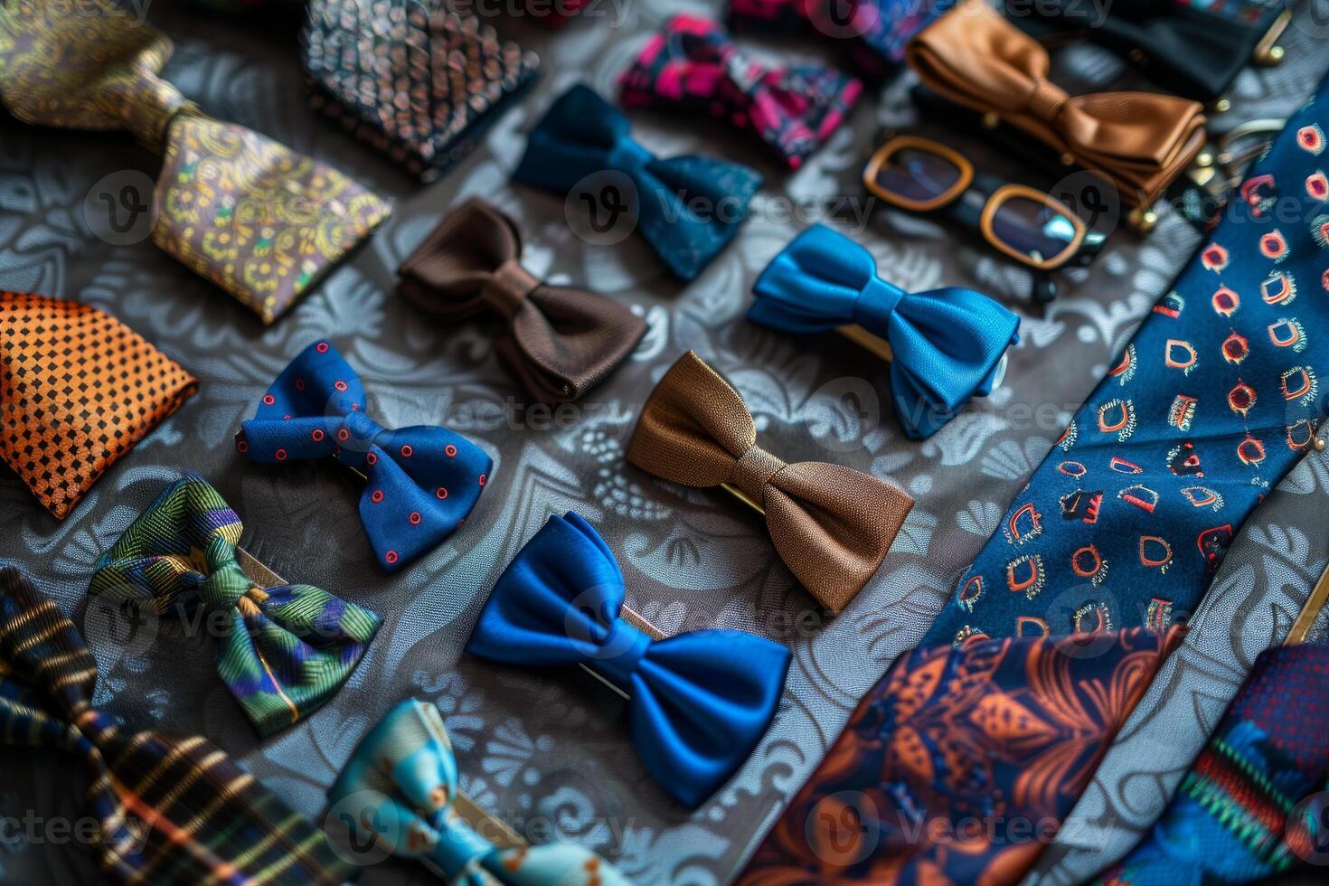 Bow ties and neckties lying on fabric displaying fashion accessories for men photo