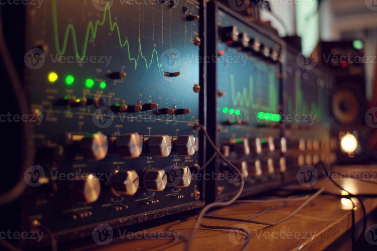 Vintage analog oscilloscope showing a green waveform on its screen photo