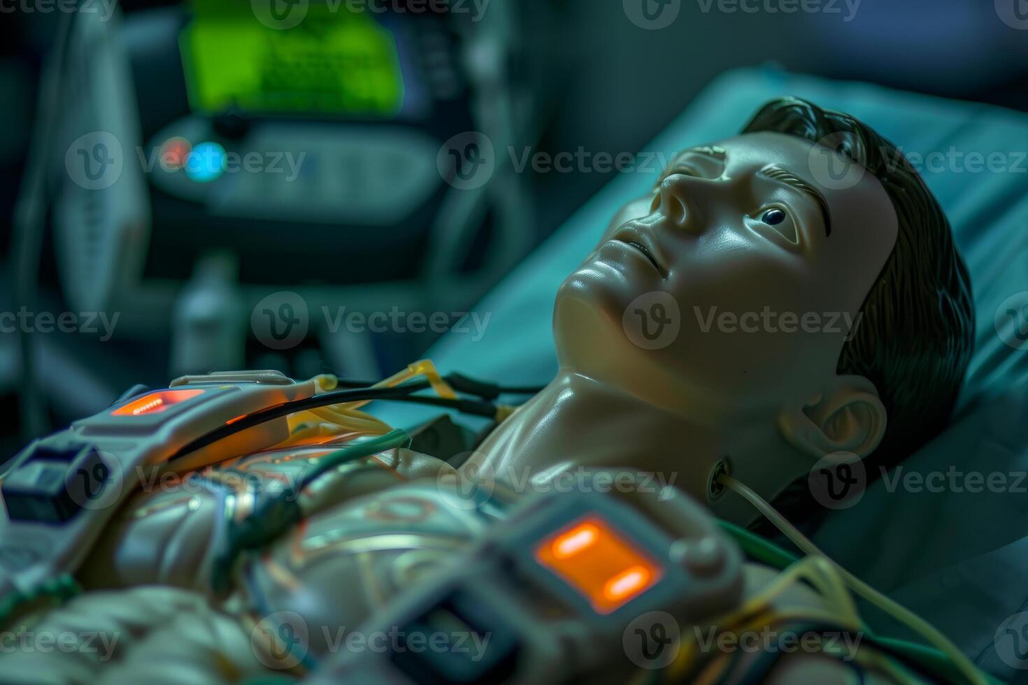 Medical training mannequin lying on a hospital bed with defibrillator pads attached to his chest photo