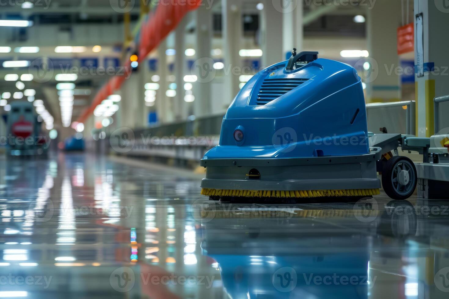 Floor scrubber machine cleaning floor in modern factory photo