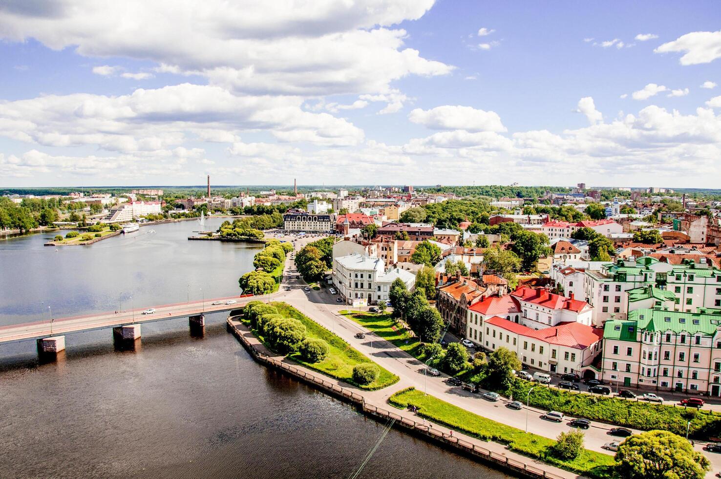 Vyborg, Russia, August 2015, Living buildings city landscape, panorama photo