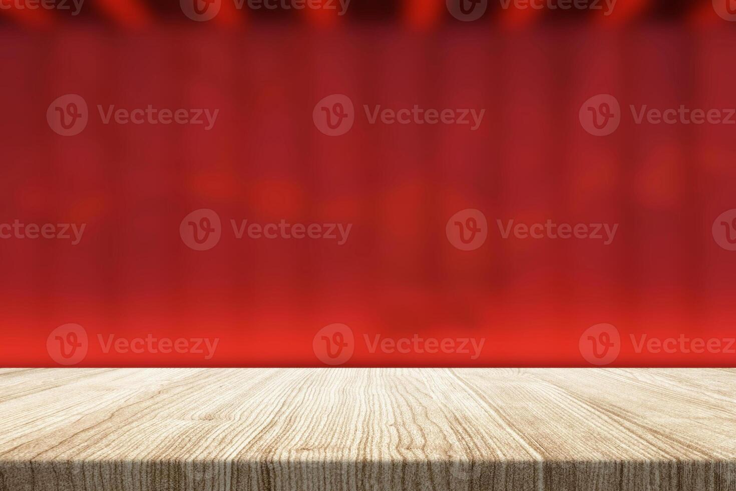 Wooden Table with Blurred Red Chinese Restaurant Wall Background photo