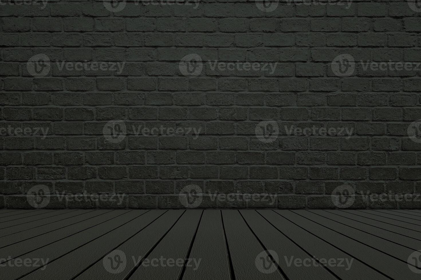 Wooden Floor with Brick Wall Background in Dark Green Tone. photo
