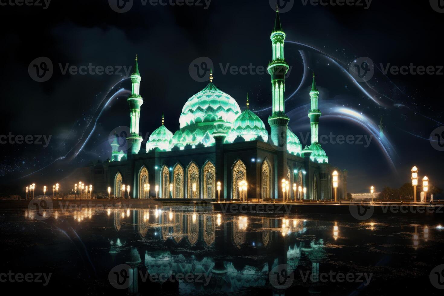 Illuminated mosque reflecting in water at night photo