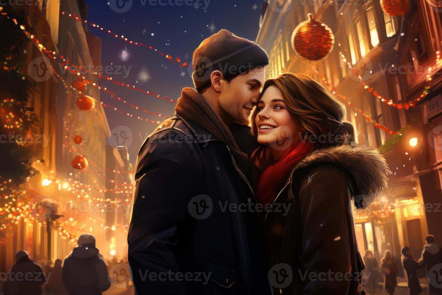 Romantic couple sharing tender moment at christmas market photo