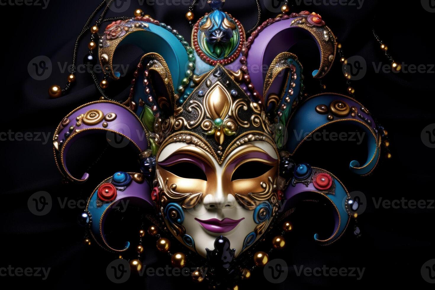Venetian carnival mask with colorful decorations and golden ornaments on black background photo