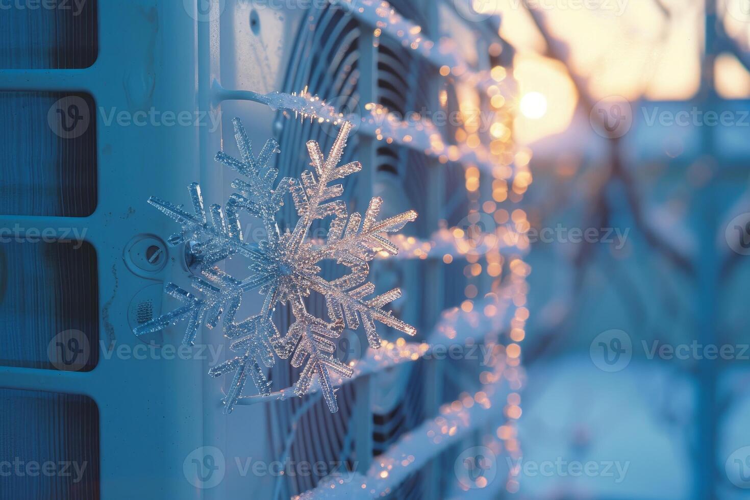 Large decorative snowflake hanging on an air conditioner covered in frost at sunset photo