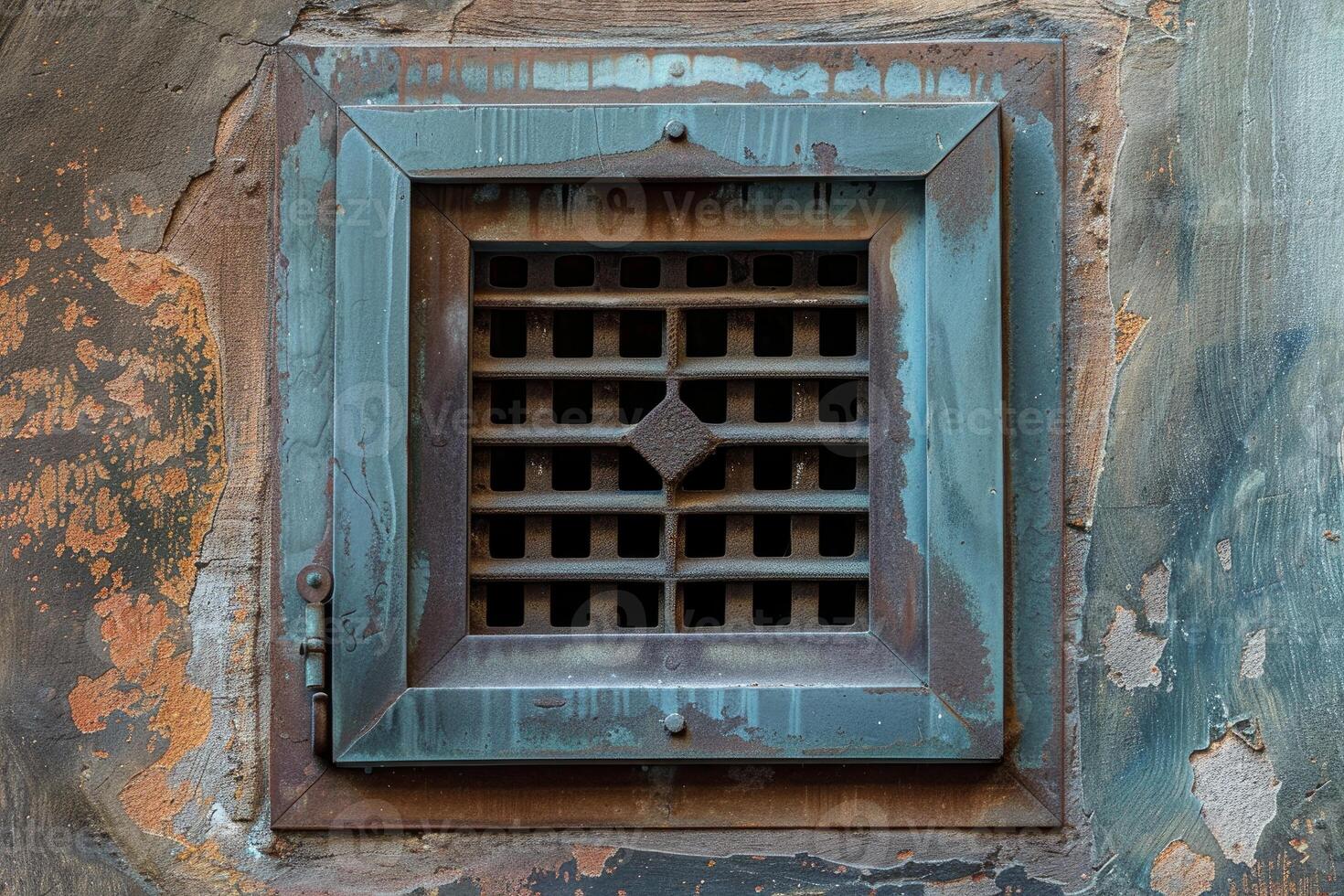 Old weathered metal window covering showing bars and diamond shape on building exterior photo