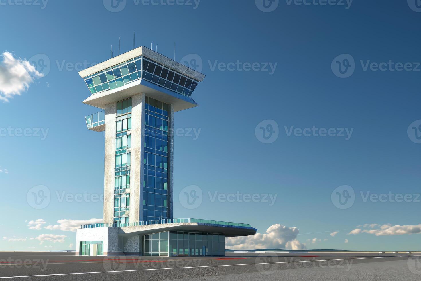 Modern airport control tower standing on airfield photo