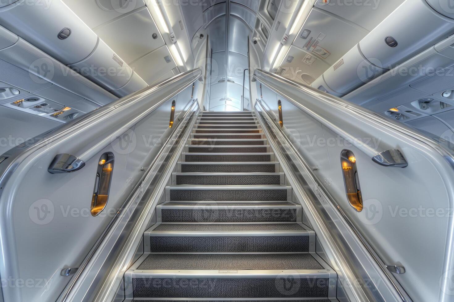 Stairway leading to upper deck of airplane with bright interior photo