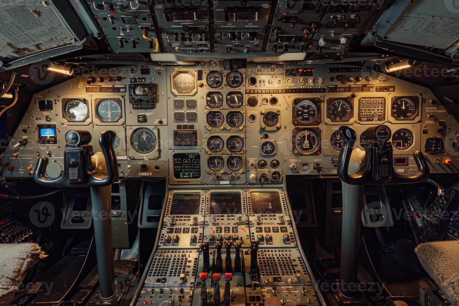 Airplane cockpit control panel showing flight instruments and knobs photo