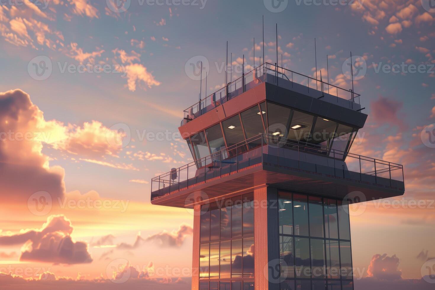 Airport control tower standing tall at sunset with air traffic controllers working photo