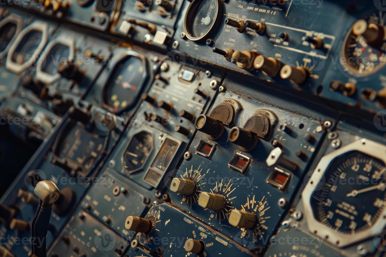 Old airplane cockpit control panel showing complexity of piloting photo