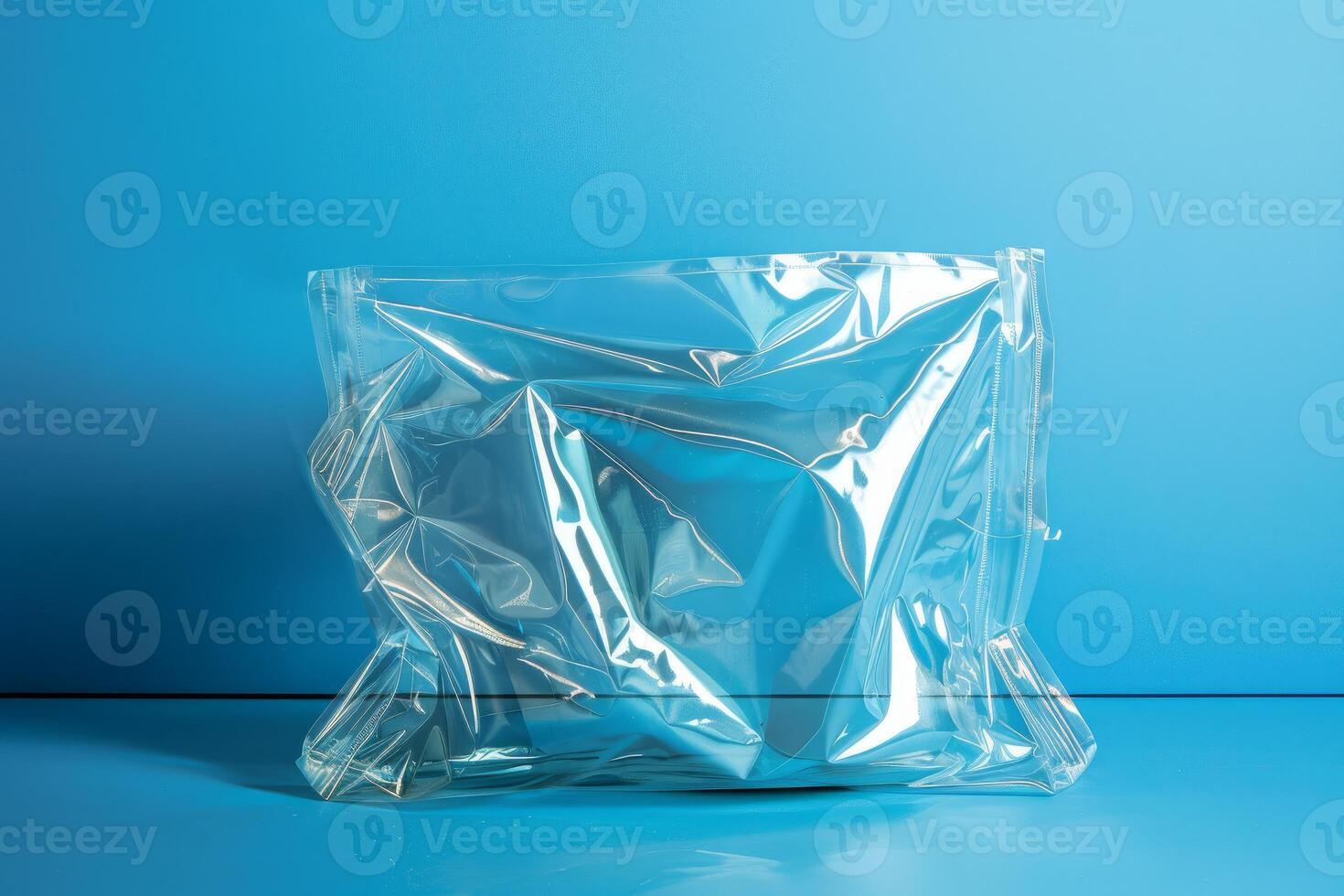 Transparent crumpled plastic packaging bag on blue background photo