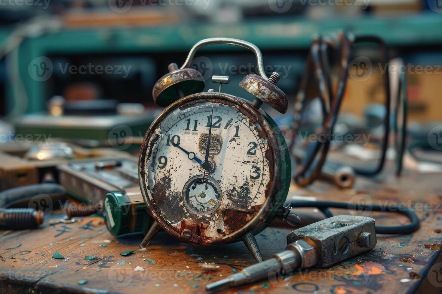 Old broken rusty alarm clock showing almost five o'clock sitting on workbench photo