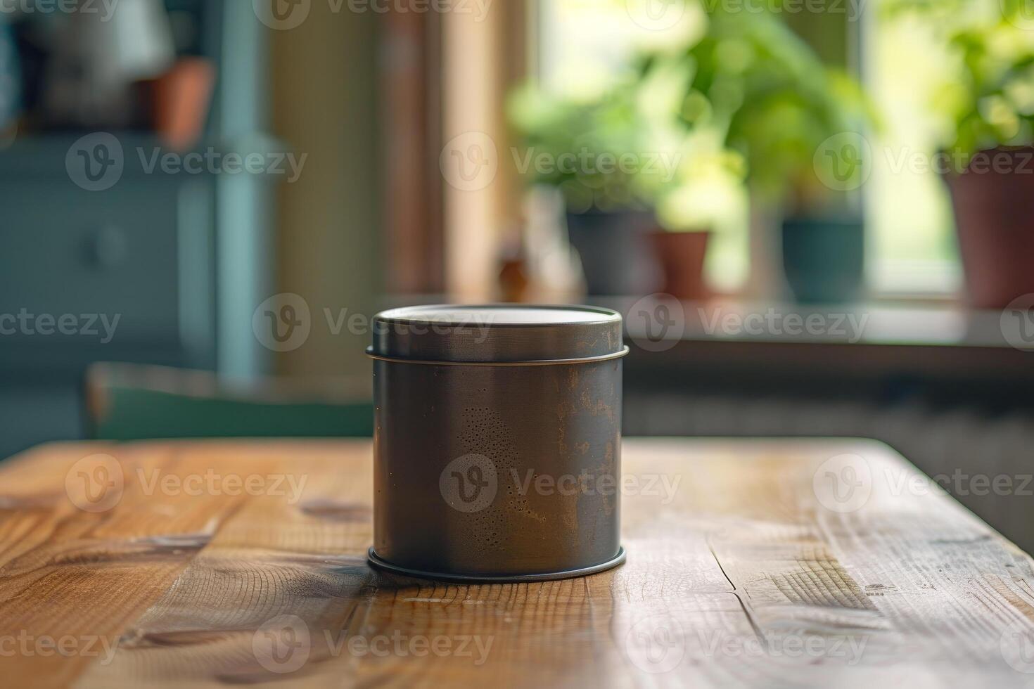 Round metal tin standing on a wooden table photo
