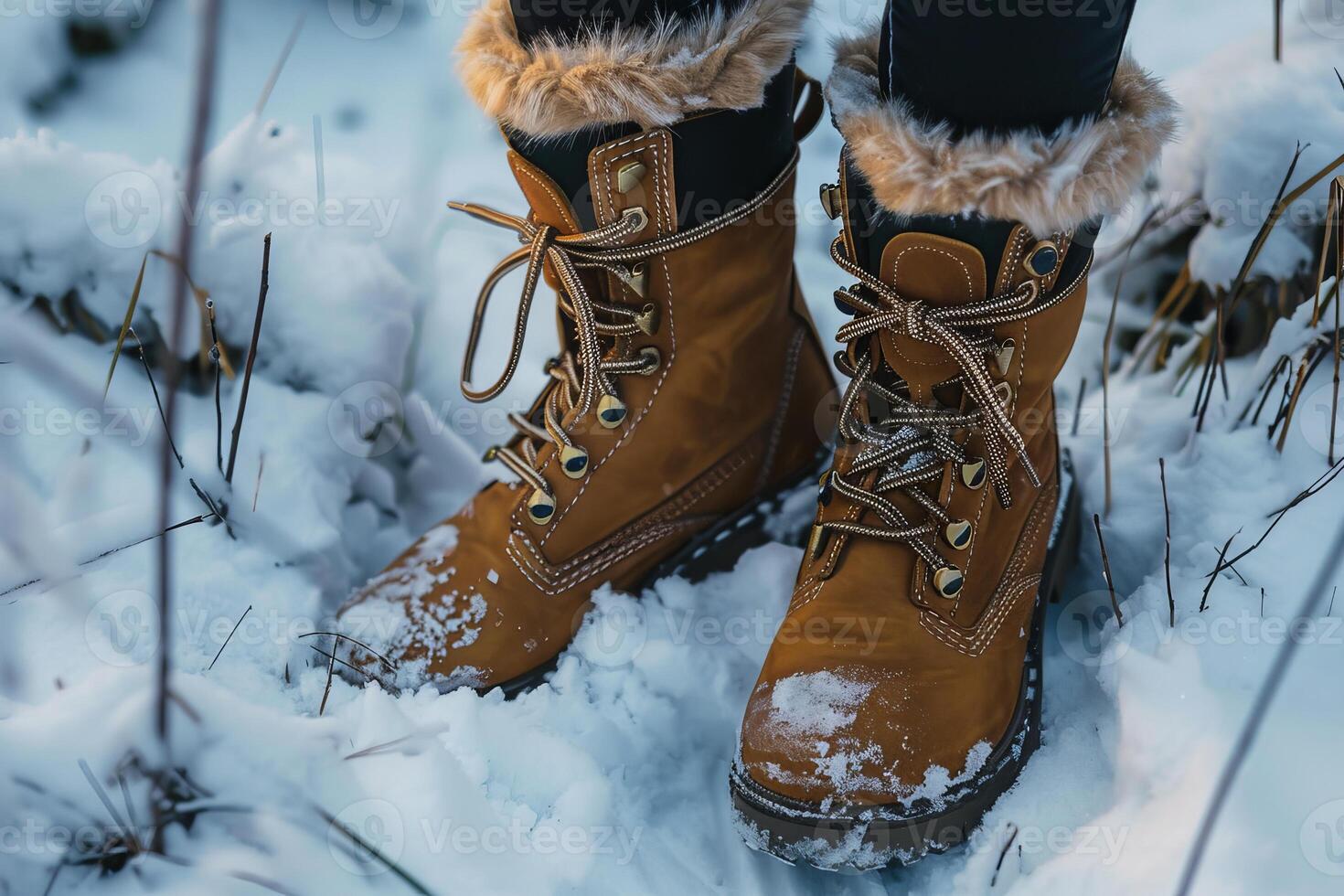 Woman wearing winter boots standing in the snow photo