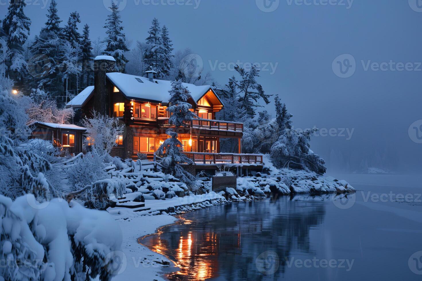 Luxurious log cabin glowing on a snowy lakeside evening photo