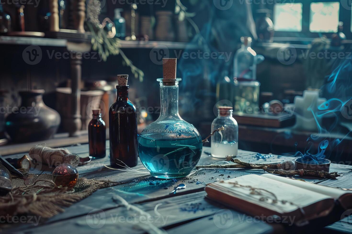 Alchemist preparing a magic potion in his workshop photo