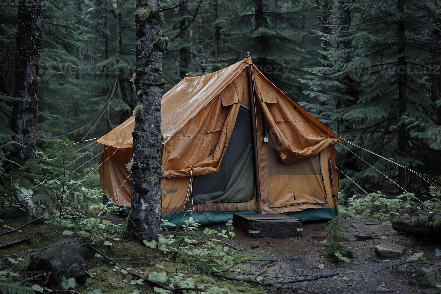 Canvas tent is standing in the middle of a wet forest photo