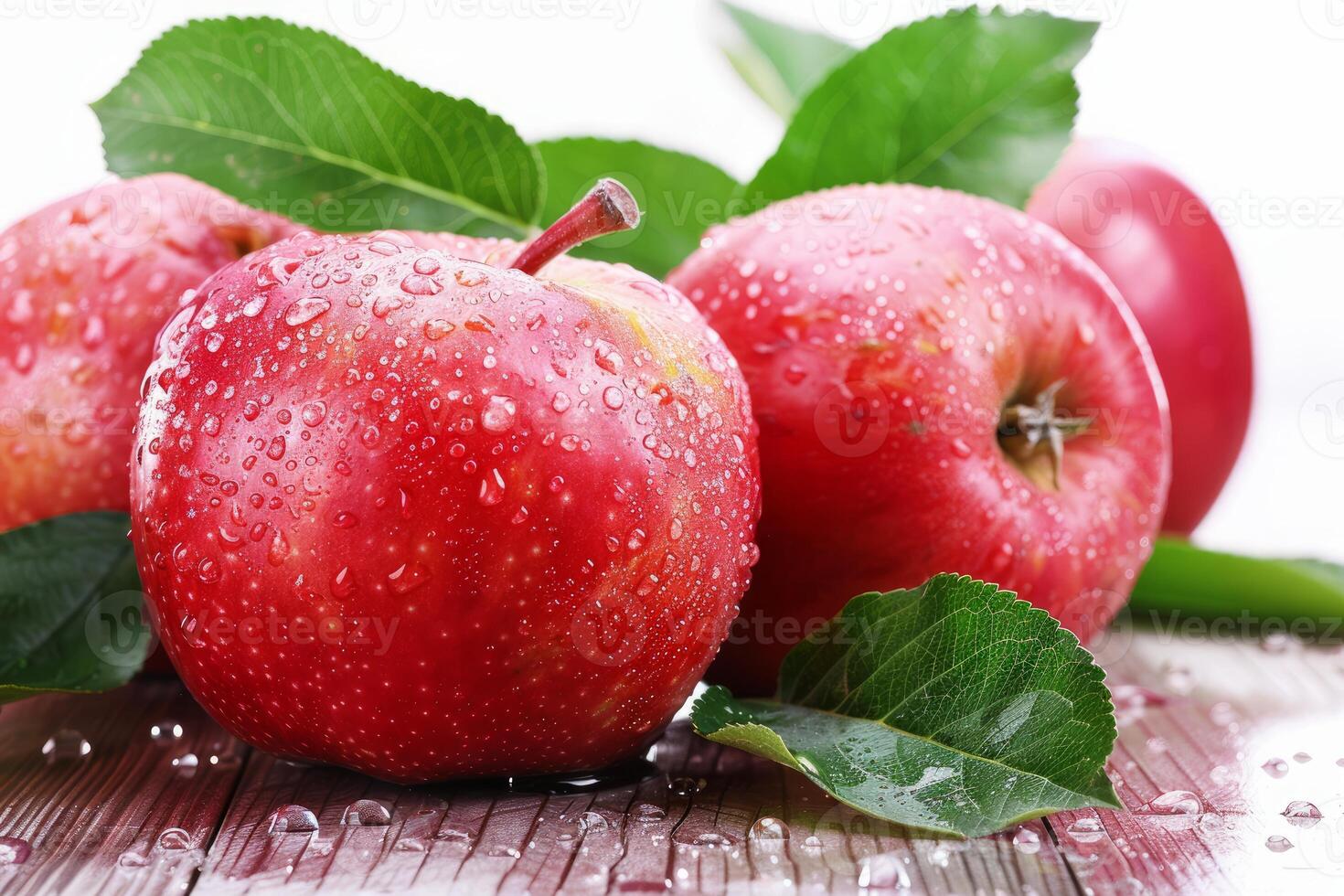 Freshly picked red apples resting on a wet wooden table photo