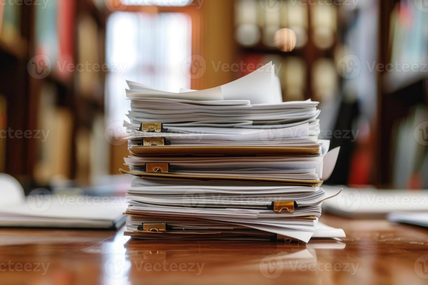 Stack of folders overflowing with paperwork sitting on desk photo