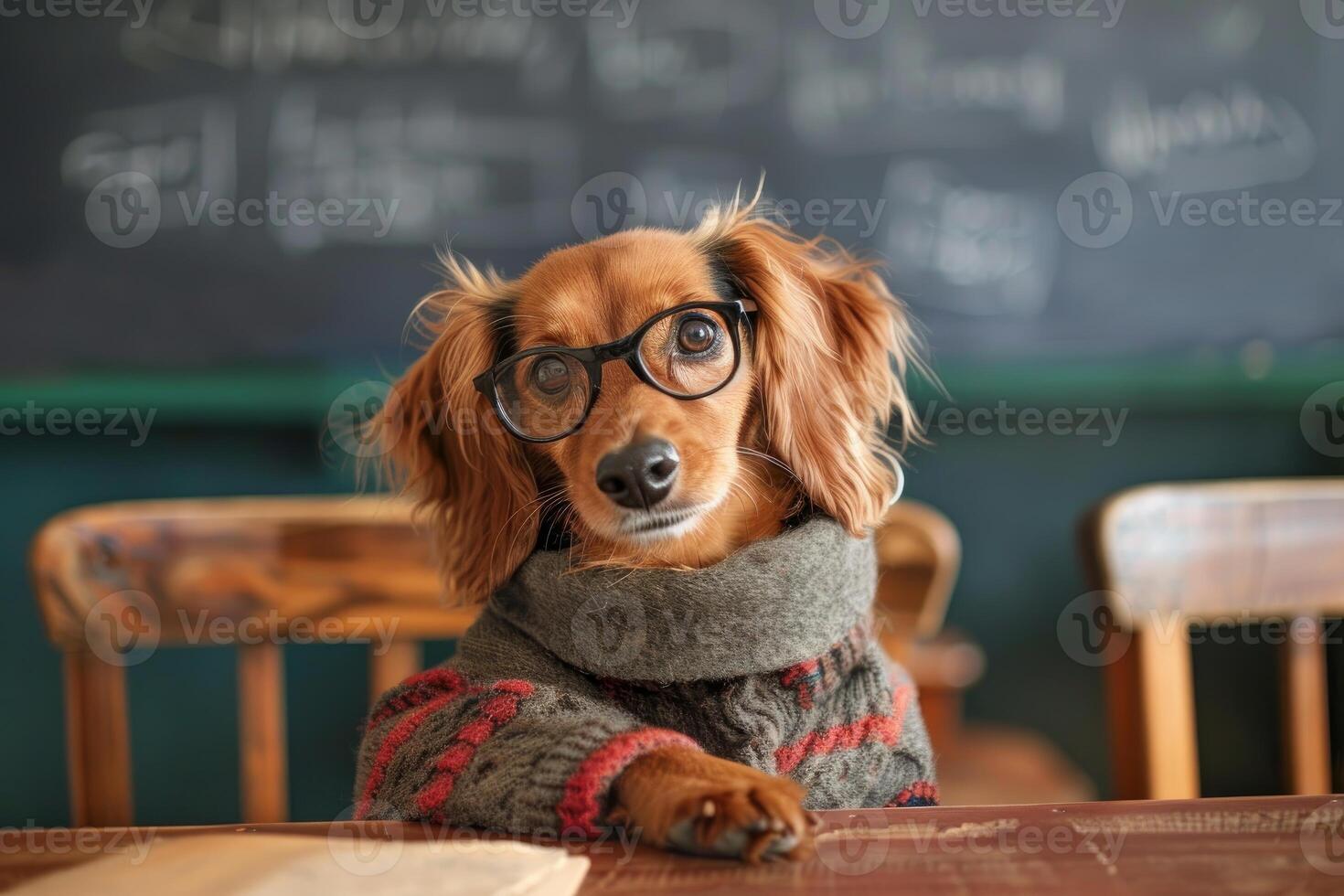 Smart dachshund dog with eyeglasses and scarf sitting at desk photo