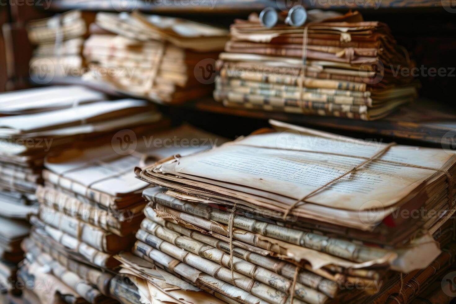 Stack of old documents with spectacles resting on top in archive photo