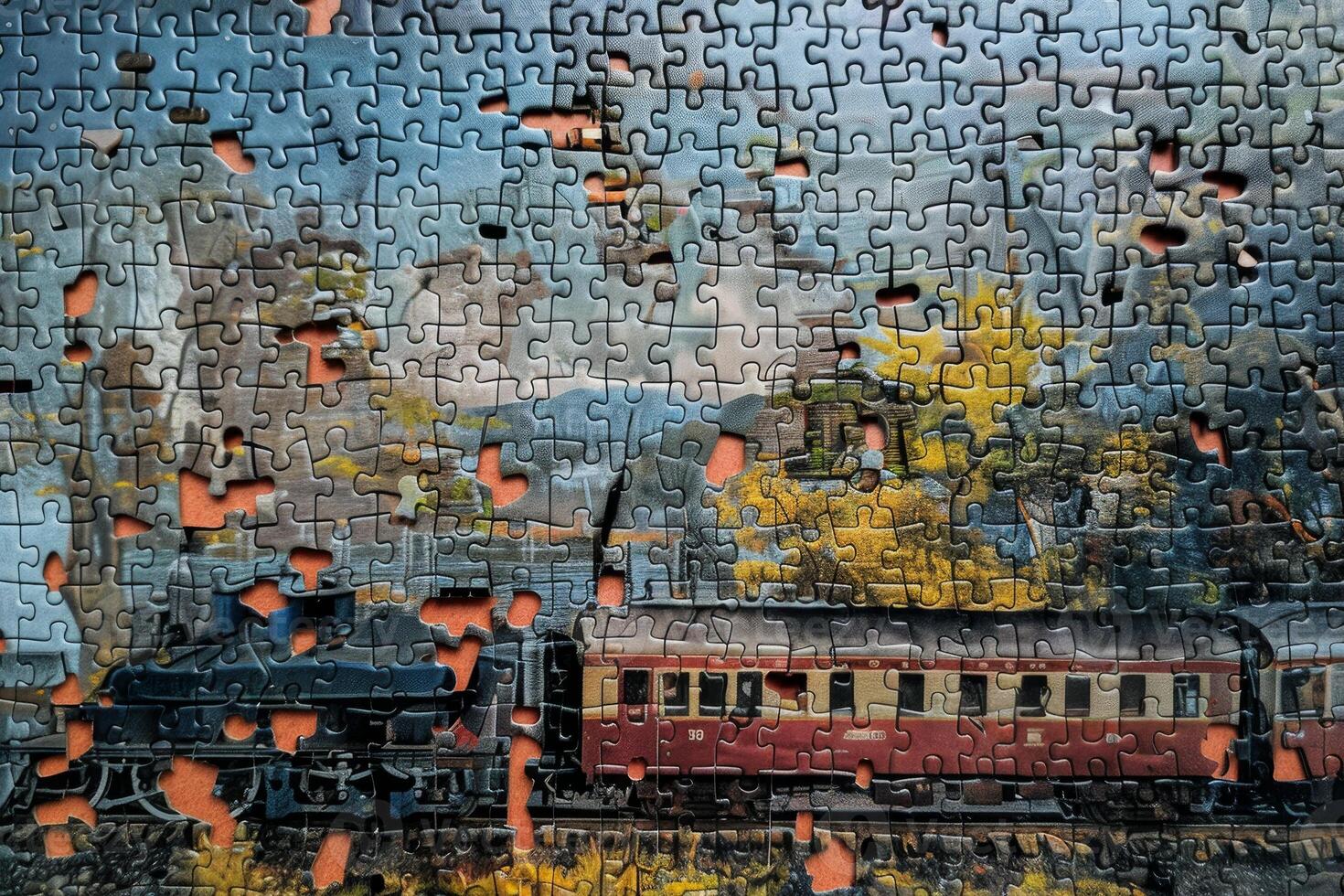 Old train traveling through autumn landscape jigsaw puzzle with missing pieces photo