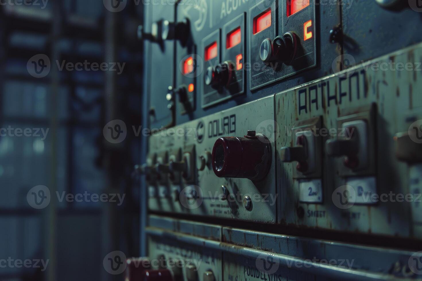 Old control panel with buttons and switches showing in a dark industrial room photo