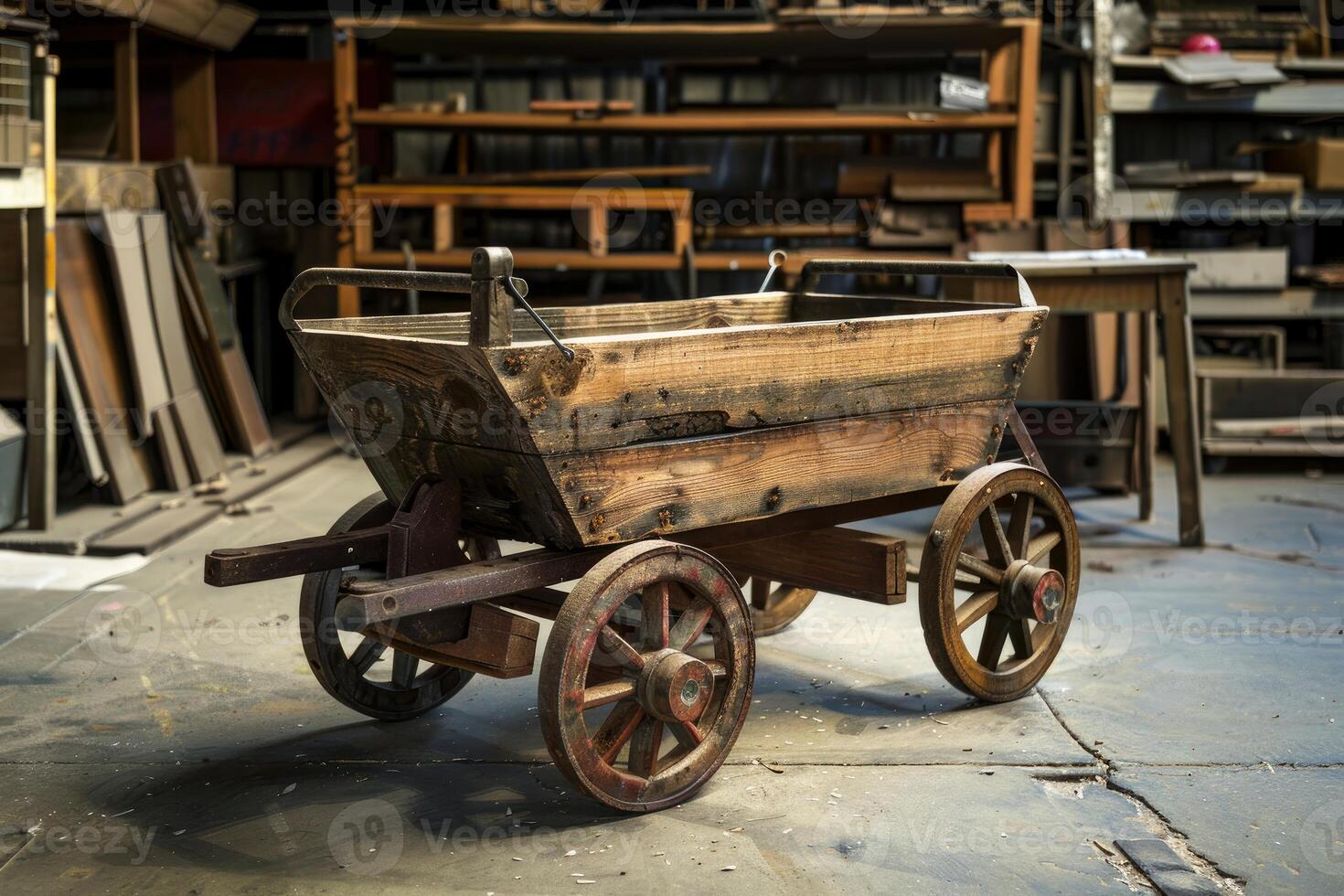 Old wooden wagon standing in an antique store with a carpenter working in the background photo