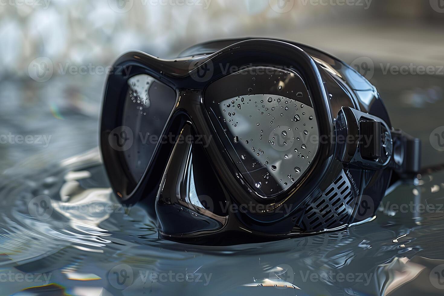 Black diving mask floating on water surface with water droplets photo