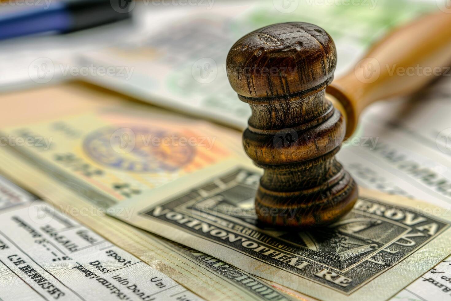 Wooden judge gavel resting on a variety of currency, emphasizing financial law and legal proceedings photo